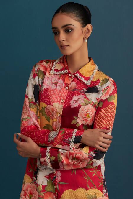 Buy House Of Pink Red Floral And Pearl Work Collared Neck Printed Shirt & Pant Set Online at Aza Fashions Buy_House Of Pink_Red Floral And Pearl Work Collared Neck Printed Shirt & Pant Set_Online_at_Aza_Fashions