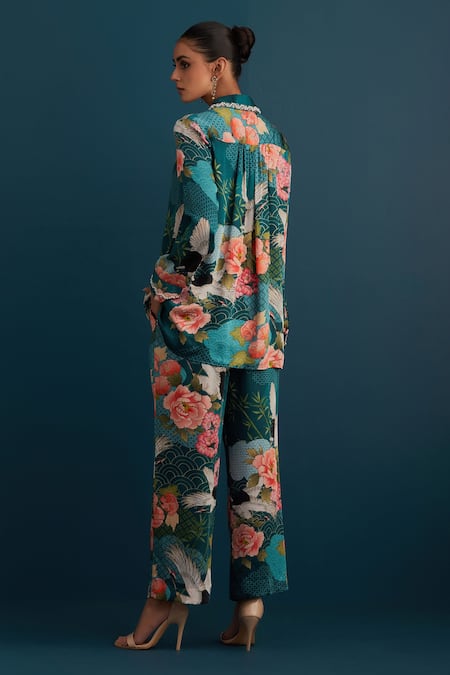 Shop House Of Pink Blue Floral And Pearl Work Collared Neck Printed Shirt & Pant Set at Aza Fashions Shop_House Of Pink_Blue Floral And Pearl Work Collared Neck Printed Shirt & Pant Set_at_Aza_Fashions