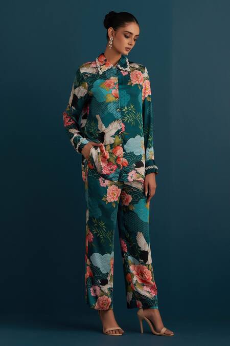 House Of Pink Blue Floral And Pearl Work Collared Neck Printed Shirt & Pant Set Online at Aza Fashions House Of Pink_Blue Floral And Pearl Work Collared Neck Printed Shirt & Pant Set_Online_at_Aza_Fashions