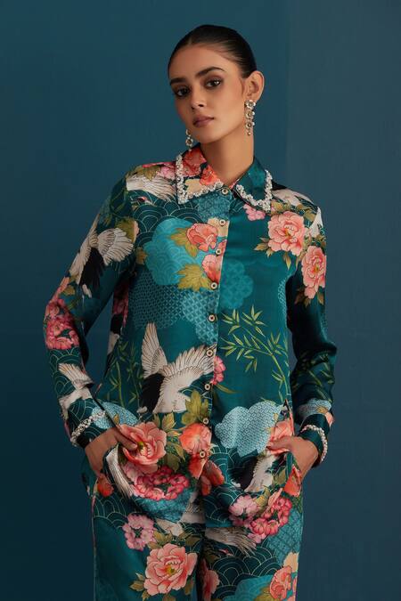 Buy House Of Pink Blue Floral And Pearl Work Collared Neck Printed Shirt & Pant Set Online at Aza Fashions Buy_House Of Pink_Blue Floral And Pearl Work Collared Neck Printed Shirt & Pant Set_Online_at_Aza_Fashions