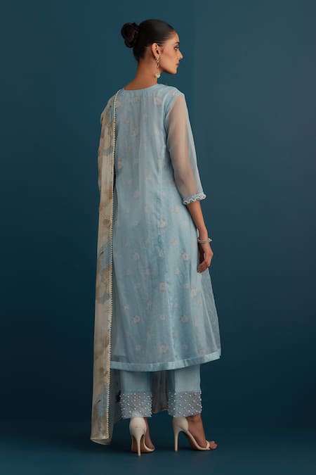 Shop_House Of Pink_Blue Organza Printed And Embroidered Floral & Kurta Set With Chanderi Dupatta _at_Aza_Fashions