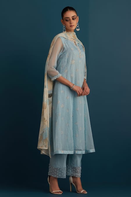 House Of Pink_Blue Organza Printed And Embroidered Floral & Kurta Set With Chanderi Dupatta _Online_at_Aza_Fashions