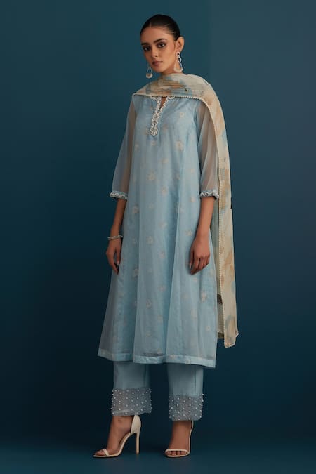 Buy_House Of Pink_Blue Organza Printed And Embroidered Floral & Kurta Set With Chanderi Dupatta _Online_at_Aza_Fashions