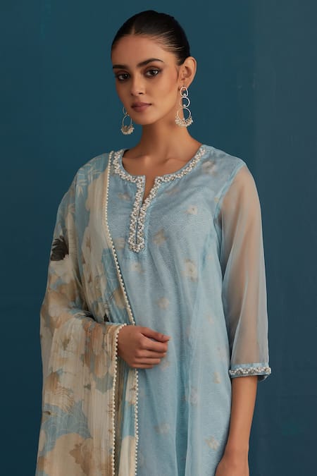 Shop_House Of Pink_Blue Organza Printed And Embroidered Floral & Kurta Set With Chanderi Dupatta _Online_at_Aza_Fashions