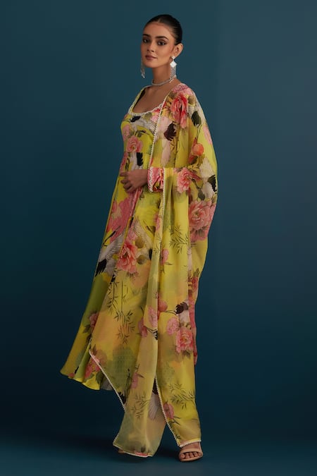 House Of Pink_Green Silk, Dupatta Organza Floral And Pearl Work U Neck Print Anarkali Set_Online_at_Aza_Fashions