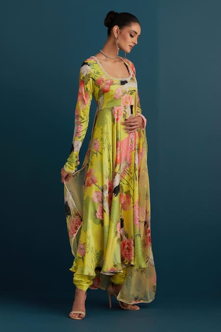 Buy_House Of Pink_Green Silk, Dupatta Organza Floral And Pearl Work U Neck Print Anarkali Set_Online_at_Aza_Fashions