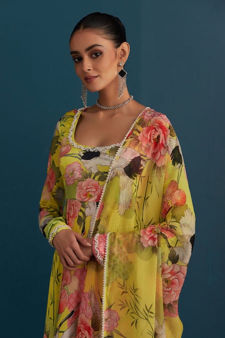 Shop_House Of Pink_Green Silk, Dupatta Organza Floral And Pearl Work U Neck Print Anarkali Set_Online_at_Aza_Fashions