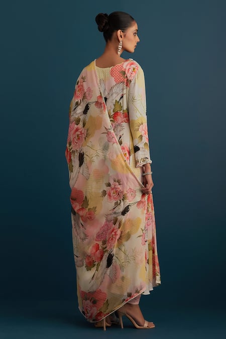 Shop House Of Pink Off White Silk, Dupatta Organza Floral And Pearl Work V Neck Print Anarkali Set at Aza Fashions Shop_House Of Pink_Off White Silk, Dupatta Organza Floral And Pearl Work V Neck Print Anarkali Set_at_Aza_Fashions