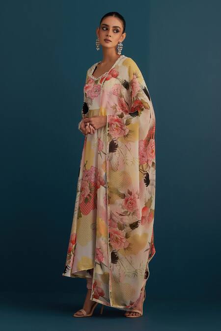 House Of Pink Off White Silk, Dupatta Organza Floral And Pearl Work V Neck Print Anarkali Set Online at Aza Fashions House Of Pink_Off White Silk, Dupatta Organza Floral And Pearl Work V Neck Print Anarkali Set_Online_at_Aza_Fashions