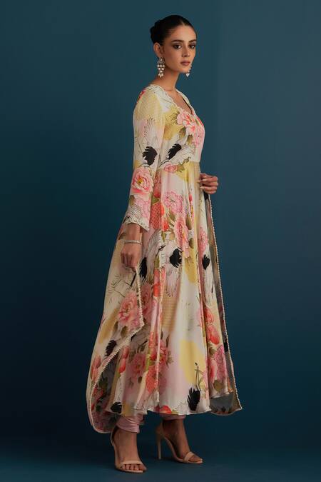 Shop House Of Pink Off White Silk, Dupatta Organza Floral And Pearl Work V Neck Print Anarkali Set Online at Aza Fashions Shop_House Of Pink_Off White Silk, Dupatta Organza Floral And Pearl Work V Neck Print Anarkali Set_Online_at_Aza_Fashions