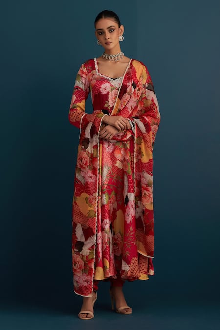 House Of Pink_Red Silk, Dupatta Organza Floral And Pearl Work V Neck Print Anarkali Set_Online_at_Aza_Fashions