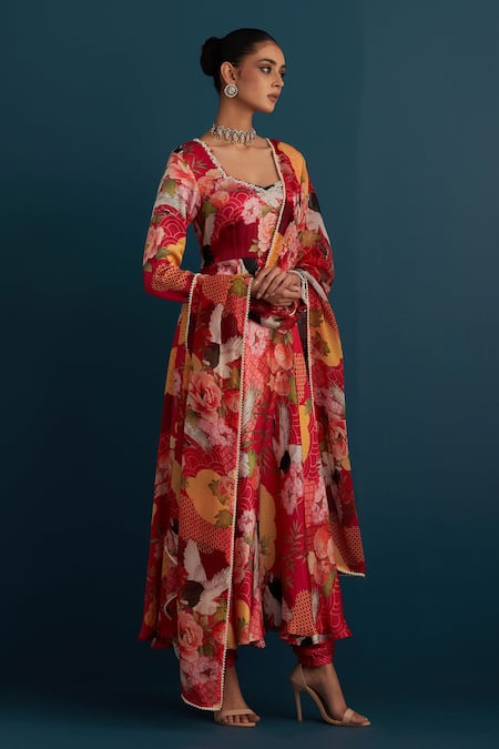 Buy_House Of Pink_Red Silk, Dupatta Organza Floral And Pearl Work V Neck Print Anarkali Set_Online_at_Aza_Fashions