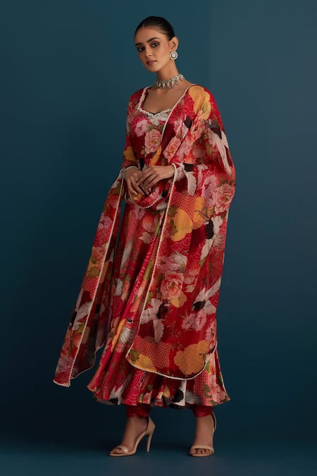 Shop_House Of Pink_Red Silk, Dupatta Organza Floral And Pearl Work V Neck Print Anarkali Set_Online_at_Aza_Fashions