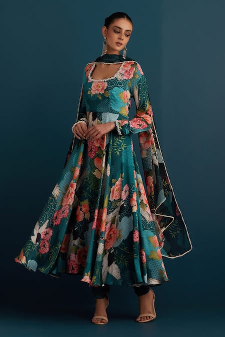 House Of Pink Blue Silk, Dupatta Organza Floral And Pearl Work U Neck Print Anarkali Set