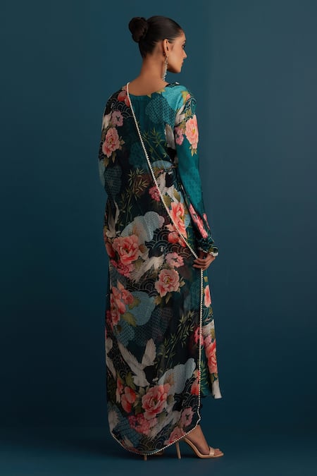 Shop House Of Pink Blue Silk, Dupatta Organza Floral And Pearl Work U Neck Print Anarkali Set at Aza Fashions Shop_House Of Pink_Blue Silk, Dupatta Organza Floral And Pearl Work U Neck Print Anarkali Set_at_Aza_Fashions