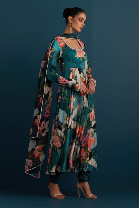 House Of Pink Blue Silk, Dupatta Organza Floral And Pearl Work U Neck Print Anarkali Set Online at Aza Fashions House Of Pink_Blue Silk, Dupatta Organza Floral And Pearl Work U Neck Print Anarkali Set_Online_at_Aza_Fashions