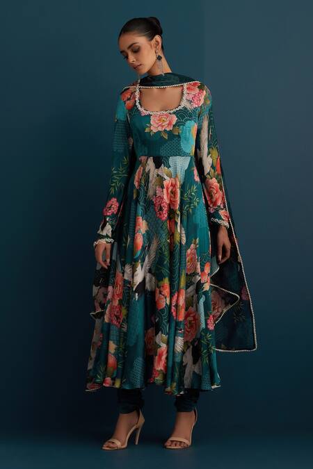 Buy House Of Pink Blue Silk, Dupatta Organza Floral And Pearl Work U Neck Print Anarkali Set Online at Aza Fashions Buy_House Of Pink_Blue Silk, Dupatta Organza Floral And Pearl Work U Neck Print Anarkali Set_Online_at_Aza_Fashions