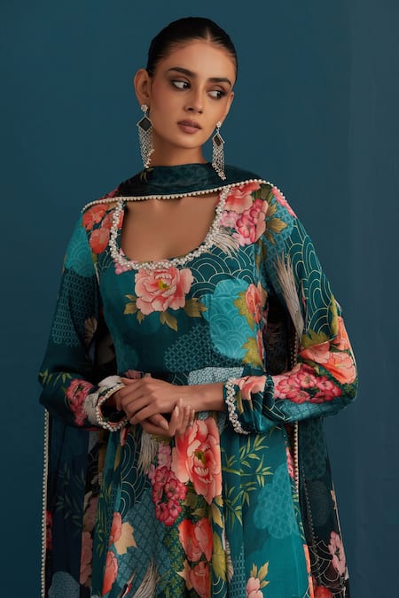 Shop House Of Pink Blue Silk, Dupatta Organza Floral And Pearl Work U Neck Print Anarkali Set Online at Aza Fashions Shop_House Of Pink_Blue Silk, Dupatta Organza Floral And Pearl Work U Neck Print Anarkali Set_Online_at_Aza_Fashions