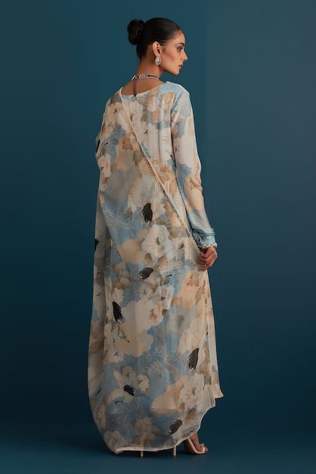 Shop House Of Pink Blue Silk, Dupatta Organza Floral And Pearl Work U Neck Print Anarkali Set at Aza Fashions Shop_House Of Pink_Blue Silk, Dupatta Organza Floral And Pearl Work U Neck Print Anarkali Set_at_Aza_Fashions