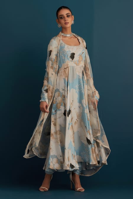 Buy House Of Pink Blue Silk, Dupatta Organza Floral And Pearl Work U Neck Print Anarkali Set Online at Aza Fashions Buy_House Of Pink_Blue Silk, Dupatta Organza Floral And Pearl Work U Neck Print Anarkali Set_Online_at_Aza_Fashions