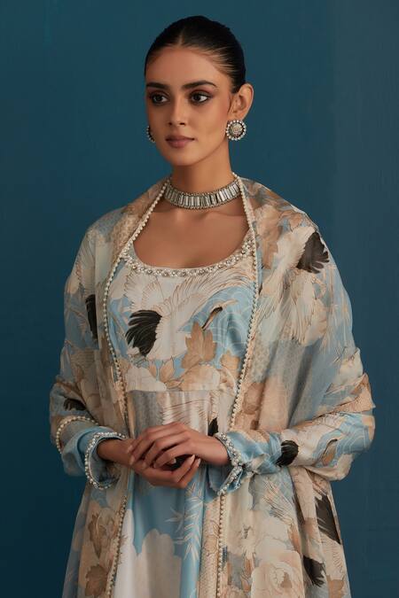 Shop House Of Pink Blue Silk, Dupatta Organza Floral And Pearl Work U Neck Print Anarkali Set Online at Aza Fashions Shop_House Of Pink_Blue Silk, Dupatta Organza Floral And Pearl Work U Neck Print Anarkali Set_Online_at_Aza_Fashions