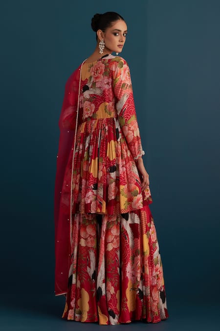 Shop House Of Pink Red Silk, Dupatta Organza Floral And Pearl Work V Printed Anarkali Gharara Set at Aza Fashions Shop_House Of Pink_Red Silk, Dupatta Organza Floral And Pearl Work V Printed Anarkali Gharara Set _at_Aza_Fashions