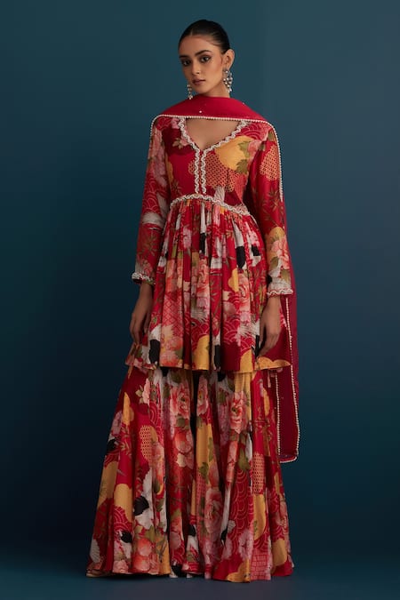 House Of Pink Red Silk, Dupatta Organza Floral And Pearl Work V Printed Anarkali Gharara Set Online at Aza Fashions House Of Pink_Red Silk, Dupatta Organza Floral And Pearl Work V Printed Anarkali Gharara Set _Online_at_Aza_Fashions