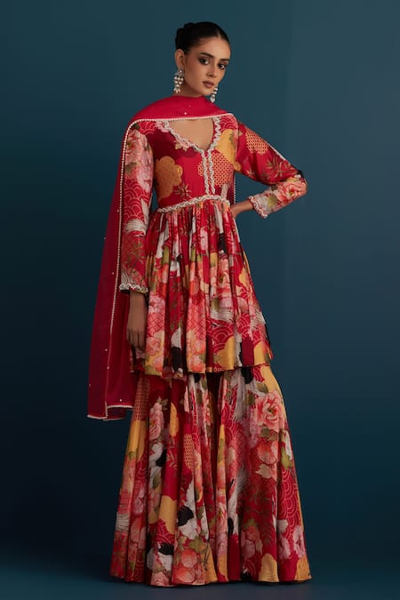 Buy House Of Pink Red Silk, Dupatta Organza Floral And Pearl Work V Printed Anarkali Gharara Set Online at Aza Fashions Buy_House Of Pink_Red Silk, Dupatta Organza Floral And Pearl Work V Printed Anarkali Gharara Set _Online_at_Aza_Fashions