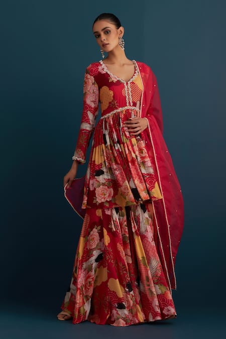 Shop House Of Pink Red Silk, Dupatta Organza Floral And Pearl Work V Printed Anarkali Gharara Set Online at Aza Fashions Shop_House Of Pink_Red Silk, Dupatta Organza Floral And Pearl Work V Printed Anarkali Gharara Set _Online_at_Aza_Fashions