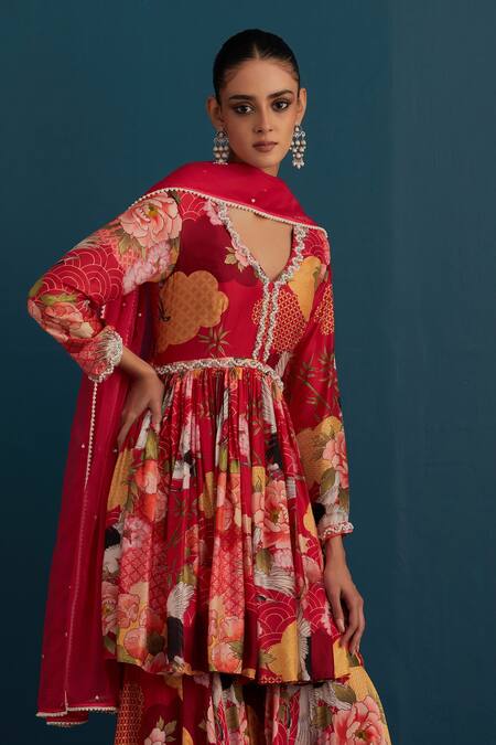 House Of Pink Red Silk, Dupatta Organza Floral And Pearl Work V Printed Anarkali Gharara Set at Aza Fashions House Of Pink_Red Silk, Dupatta Organza Floral And Pearl Work V Printed Anarkali Gharara Set _at_Aza_Fashions