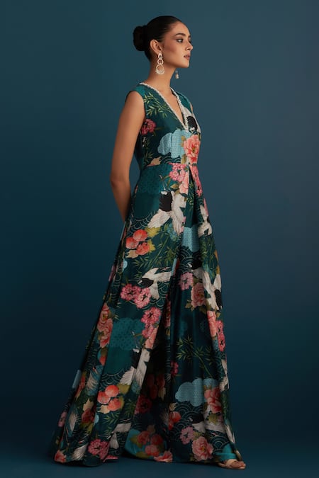 House Of Pink Blue Cotton Silk Floral And Pearl Work V Neck Print Jumpsuit Online at Aza Fashions House Of Pink_Blue Cotton Silk Floral And Pearl Work V Neck Print Jumpsuit _Online_at_Aza_Fashions