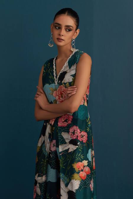 Shop House Of Pink Blue Cotton Silk Floral And Pearl Work V Neck Print Jumpsuit Online at Aza Fashions Shop_House Of Pink_Blue Cotton Silk Floral And Pearl Work V Neck Print Jumpsuit _Online_at_Aza_Fashions