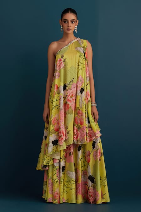 House Of Pink Green Cotton Silk Floral And Pearl Work One Shoulder Printed Tunic & Sharara Set Online at Aza Fashions House Of Pink_Green Cotton Silk Floral And Pearl Work One Shoulder Printed Tunic & Sharara Set _Online_at_Aza_Fashions