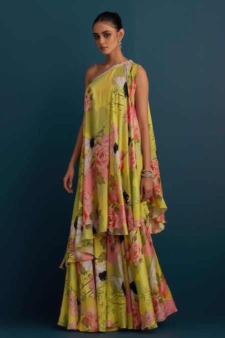 Buy House Of Pink Green Cotton Silk Floral And Pearl Work One Shoulder Printed Tunic & Sharara Set Online at Aza Fashions Buy_House Of Pink_Green Cotton Silk Floral And Pearl Work One Shoulder Printed Tunic & Sharara Set _Online_at_Aza_Fashions