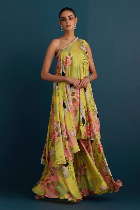 Shop House Of Pink Green Cotton Silk Floral And Pearl Work One Shoulder Printed Tunic & Sharara Set Online at Aza Fashions Shop_House Of Pink_Green Cotton Silk Floral And Pearl Work One Shoulder Printed Tunic & Sharara Set _Online_at_Aza_Fashions
