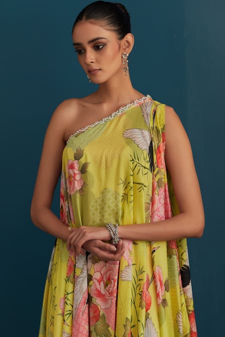 House Of Pink Green Cotton Silk Floral And Pearl Work One Shoulder Printed Tunic & Sharara Set at Aza Fashions House Of Pink_Green Cotton Silk Floral And Pearl Work One Shoulder Printed Tunic & Sharara Set _at_Aza_Fashions