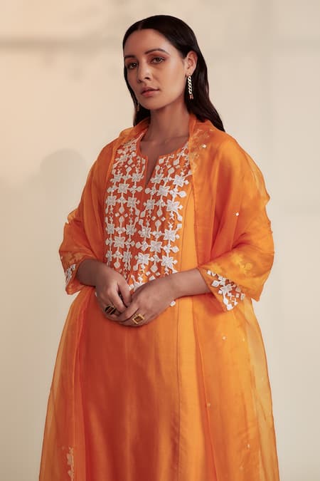Shop House Of Pink Orange Organza, Chanderi Silk Pearl Work, Sequins Round Embroidered Kurta Set Online at Aza Fashions Shop_House Of Pink_Orange Organza, Chanderi Silk Pearl Work, Sequins Round Embroidered Kurta Set _Online_at_Aza_Fashions