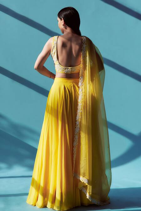Shop_House Of Pink_Yellow Pearl Embroidered Blouse Lehenga Set_at_Aza_Fashions