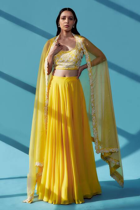 House Of Pink_Yellow Pearl Embroidered Blouse Lehenga Set_Online_at_Aza_Fashions