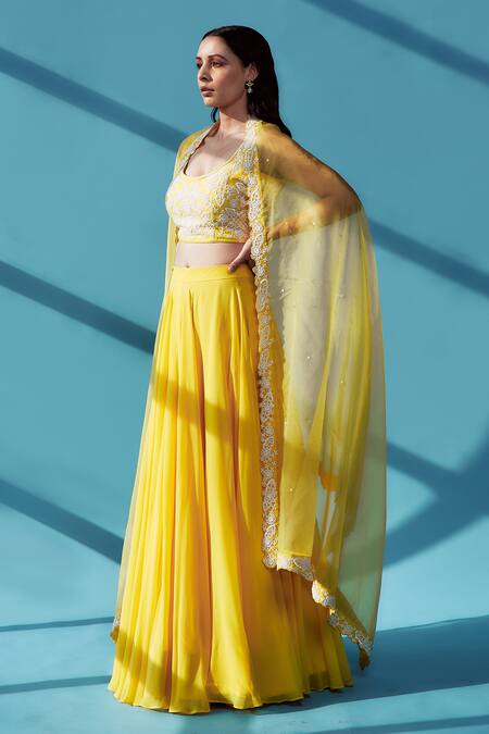 Buy_House Of Pink_Yellow Pearl Embroidered Blouse Lehenga Set_Online_at_Aza_Fashions