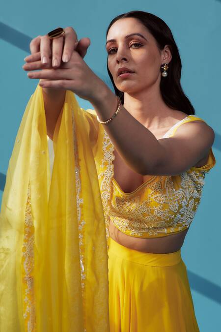 Shop_House Of Pink_Yellow Pearl Embroidered Blouse Lehenga Set_Online_at_Aza_Fashions