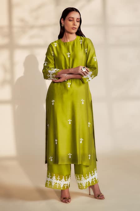 Buy_House Of Pink_Green Organza, Chanderi Silk Pearl Work, Sequins Round Embroidered Kurta Set _Online_at_Aza_Fashions