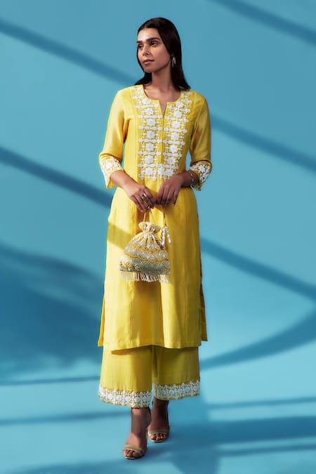 Buy_House Of Pink_Yellow Organza, Chanderi Silk Cutdana, Pearl Work, Sequins Embroidered Kurta Set_Online_at_Aza_Fashions