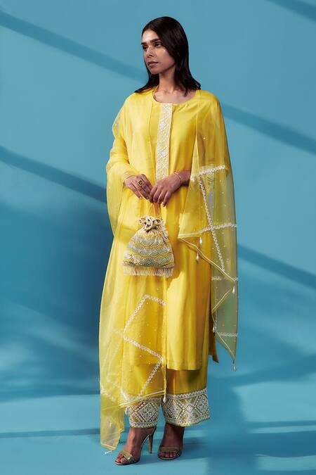House Of Pink Yellow Organza, Chanderi Silk Cutdana, Pearl Work, Sequins Embroidered Kurta Set Online at Aza Fashions House Of Pink_Yellow Organza, Chanderi Silk Cutdana, Pearl Work, Sequins Embroidered Kurta Set _Online_at_Aza_Fashions