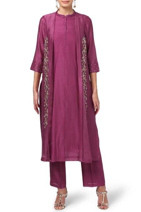 House Of Pink_Purple Chanderi Kurta And Pant Set _Online_at_Aza_Fashions