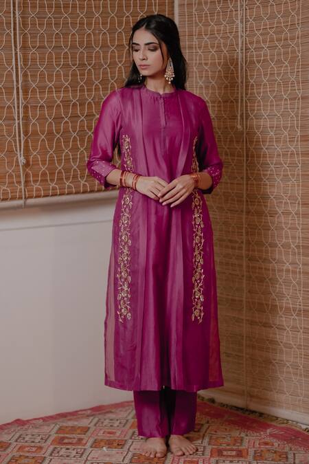 Buy_House Of Pink_Purple Chanderi Kurta And Pant Set _Online_at_Aza_Fashions