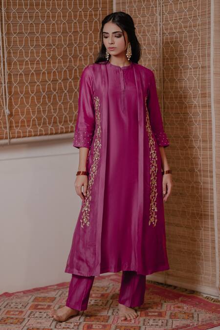 Shop_House Of Pink_Purple Chanderi Kurta And Pant Set _Online_at_Aza_Fashions