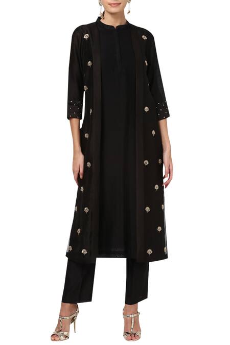 House Of Pink_Black Chanderi Kurta And Pant Set _Online_at_Aza_Fashions