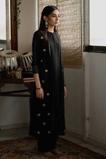 Buy_House Of Pink_Black Chanderi Kurta And Pant Set _Online_at_Aza_Fashions