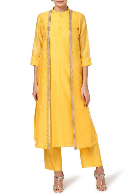 House Of Pink_Yellow Chanderi Kurta And Pant Set _Online_at_Aza_Fashions